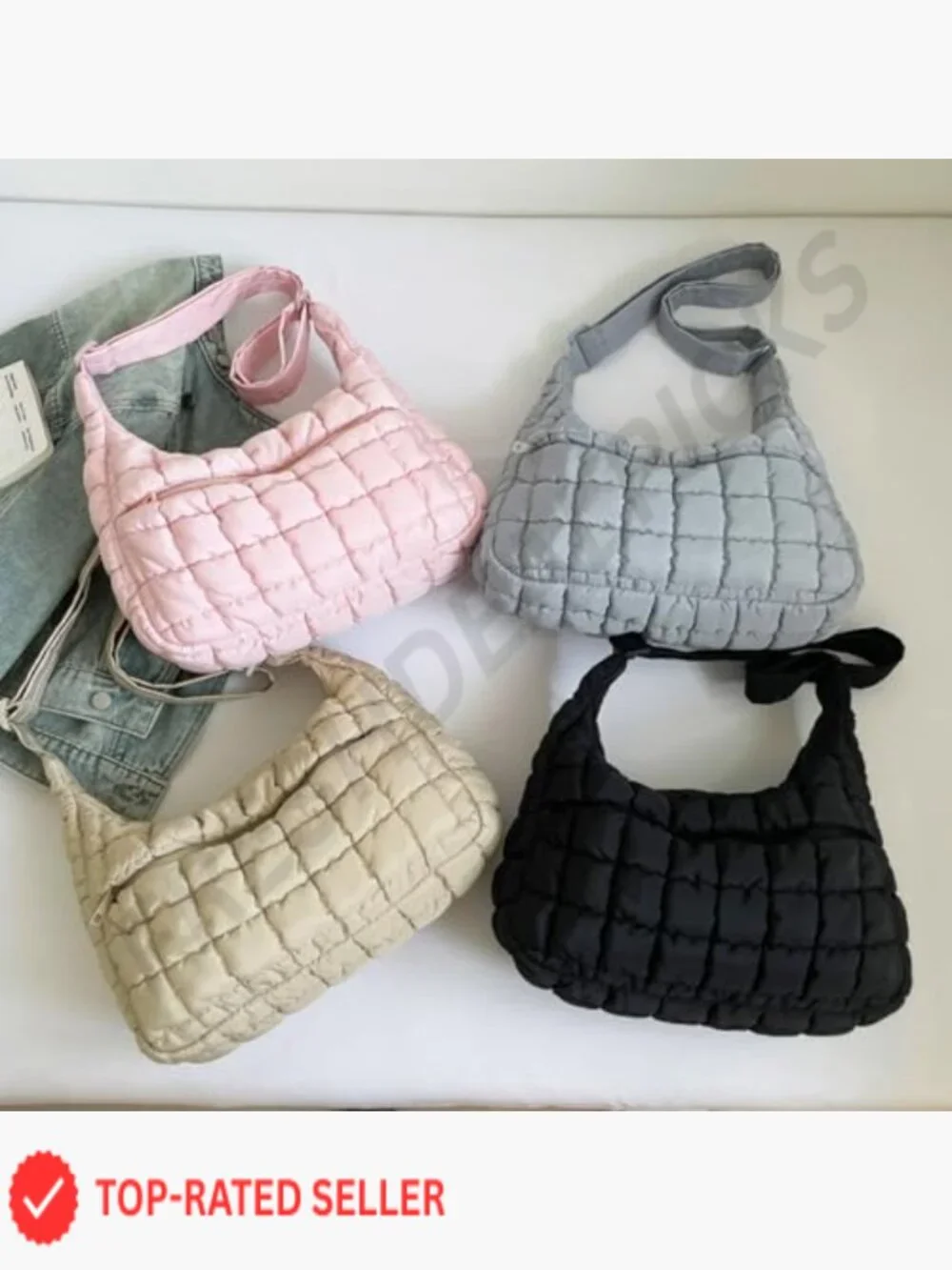 Lightweight Quilted Puffy Crossbody Hobo Bag with Zippered Pockets